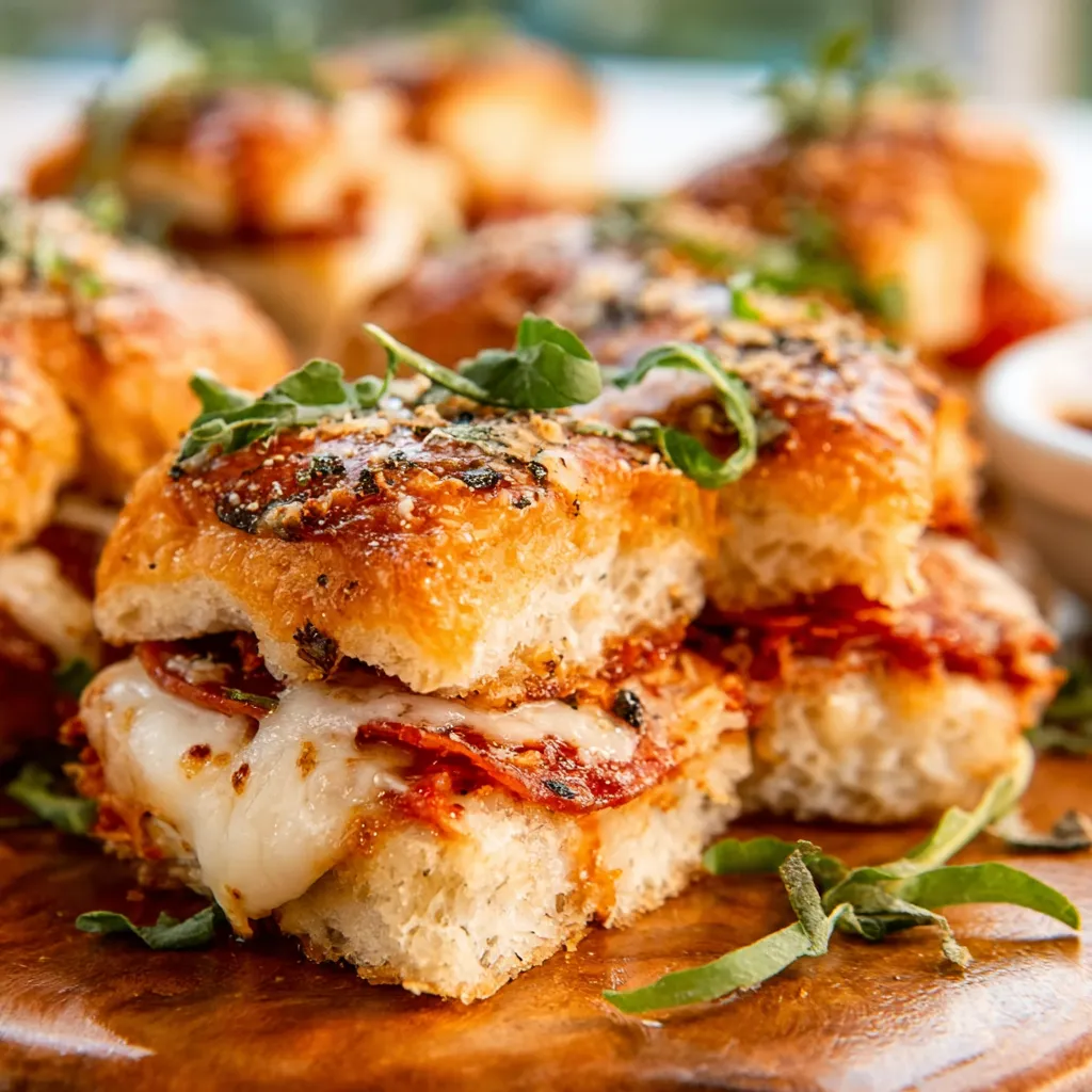 Mini pizza sliders: cheesy pepperoni and sauce on slider buns.