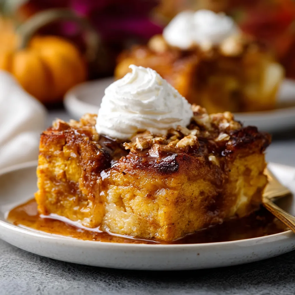 Close-up of delicious, warm pumpkin bread pudding.