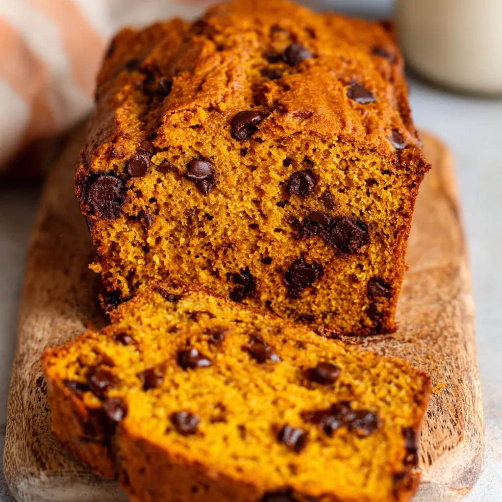 Close-up of pumpkin chocolate chip bread slice, moist texture visible.