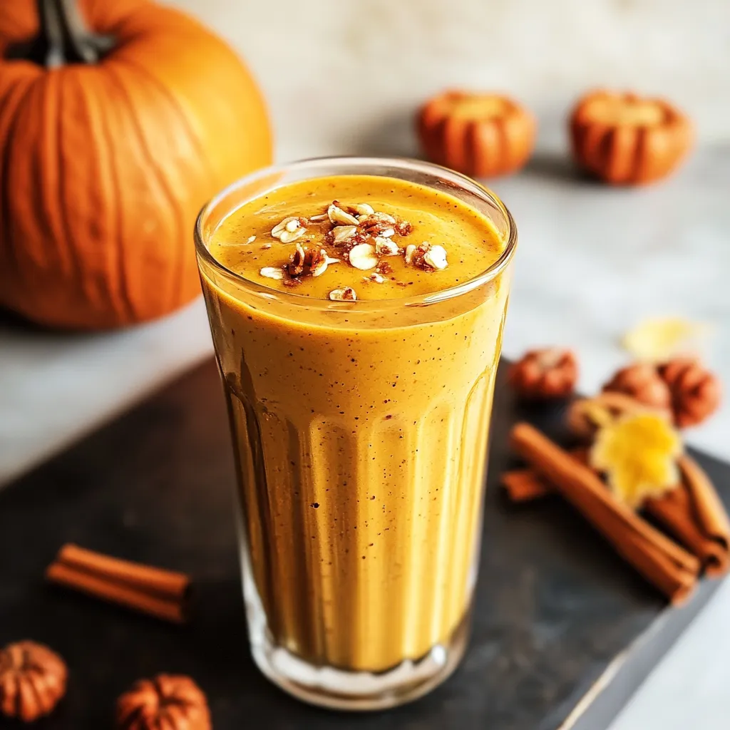 Pumpkin smoothie in glass. Healthy fall recipe with pumpkin puree.