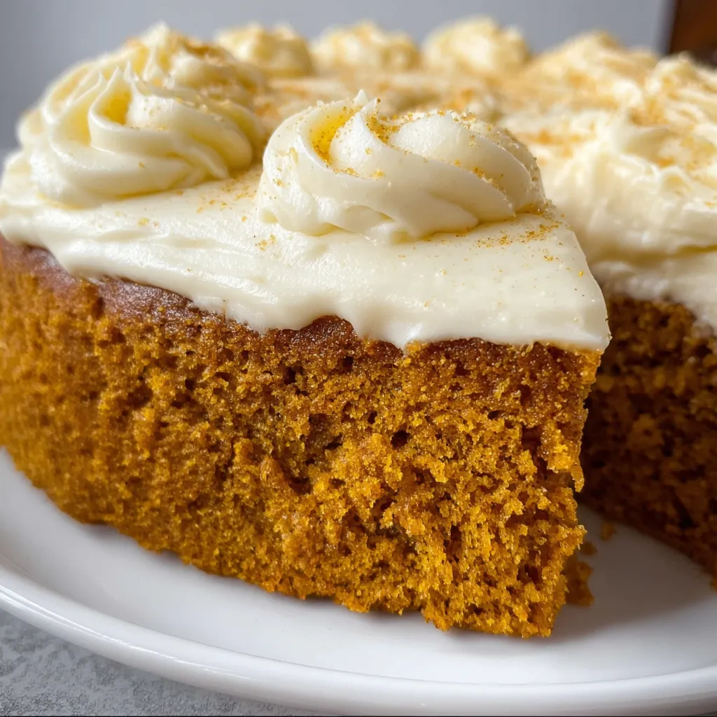 Moist pumpkin spice cake slice on plate. Easy recipe!