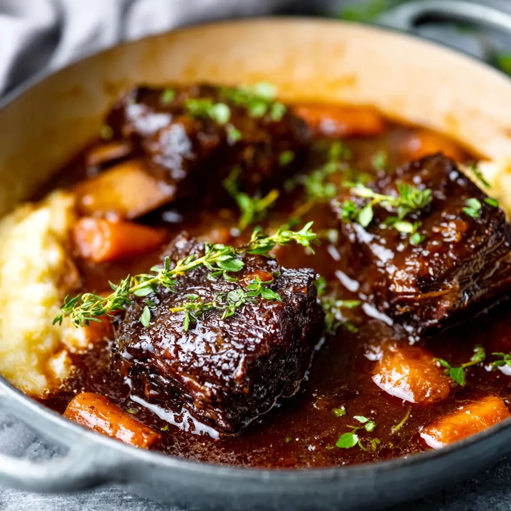 Red wine braised short ribs simmering in a Dutch oven.