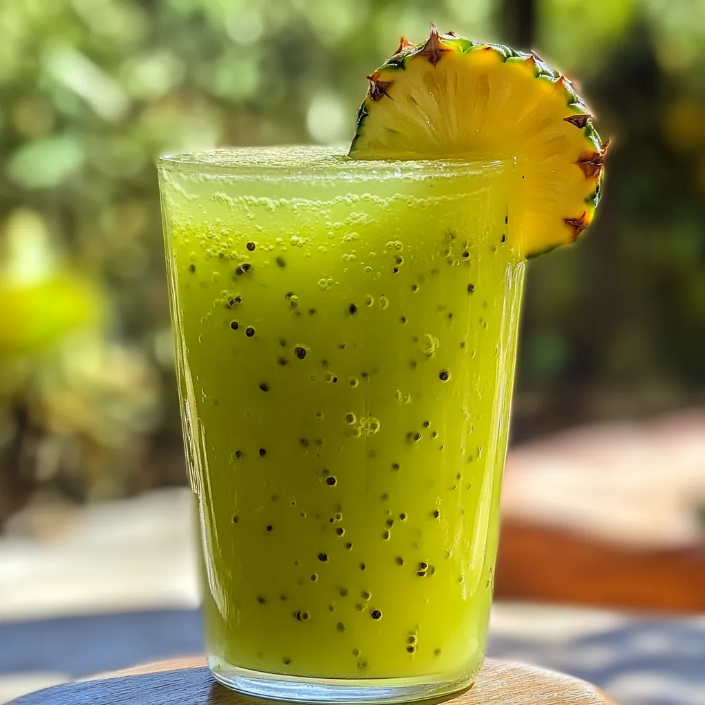 Nopal and pineapple juice blend. Healthy green drink in a glass.