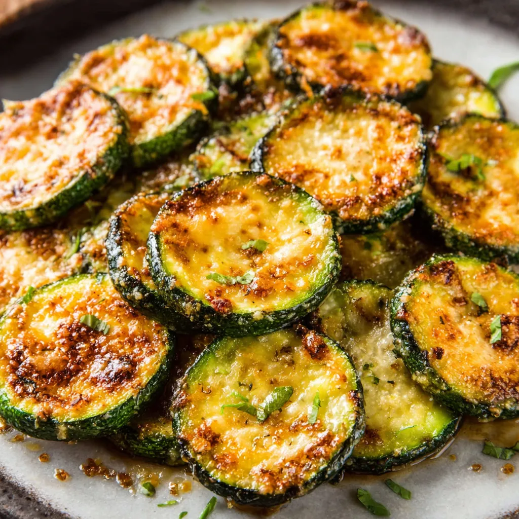 Roasted parmesan zucchini slices, crispy and golden brown.
