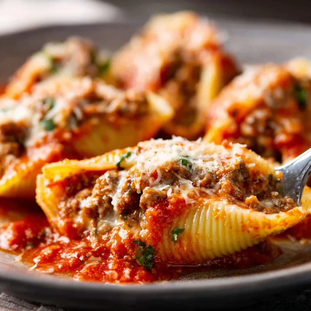 Slow cooker stuffed shells with meat sauce, a delicious dump-and-forget dinner.