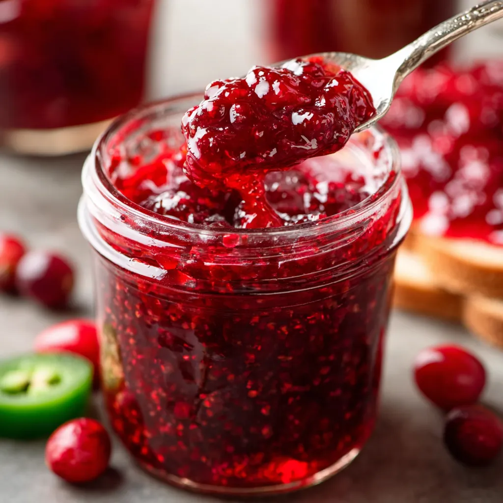 Cranberry jalapeño jam in a jar. Sweet and spicy homemade cranberry jam.