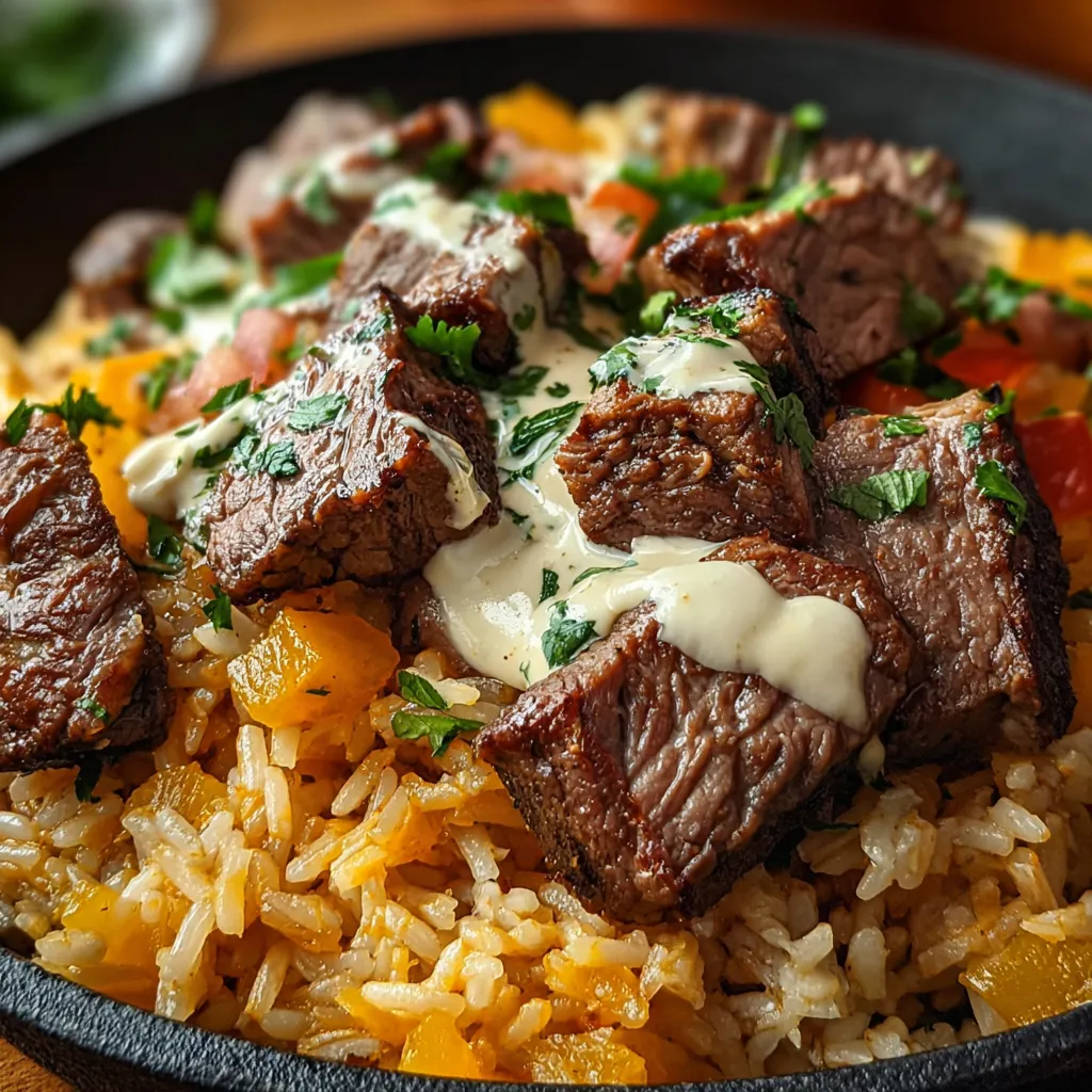 Steak and queso rice bowl. Creamy, cheesy, weeknight dinner recipe.