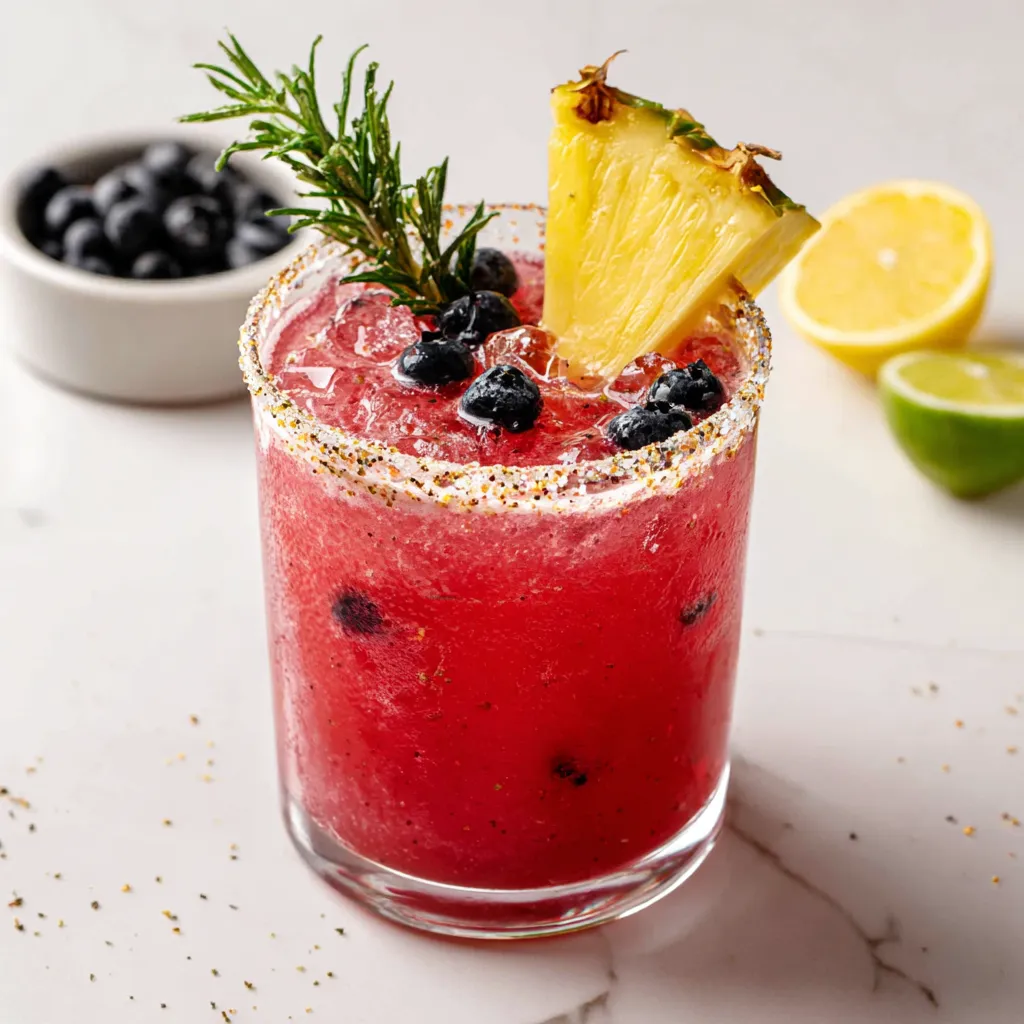 Pineapple Blueberry Margarita: Refreshing tropical cocktail in glass.