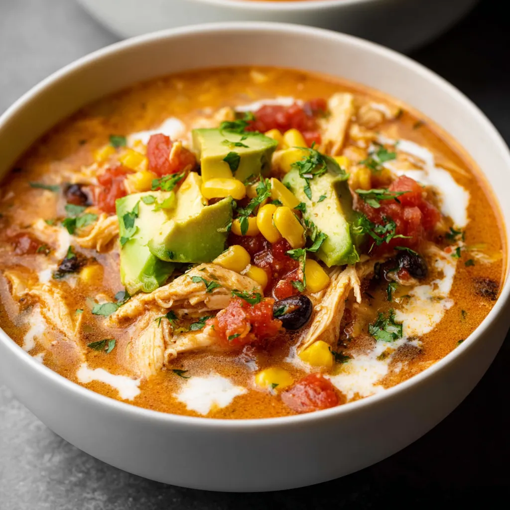 Close-up of delicious, steaming Chicken Taco Soup. Easy weeknight dinner recipe.