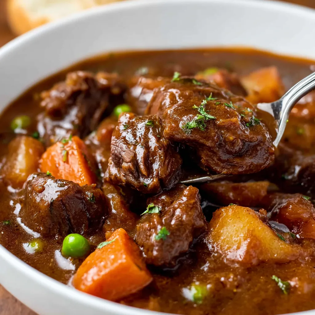 Slow cooker beef stew with carrots, potatoes, and herbs.