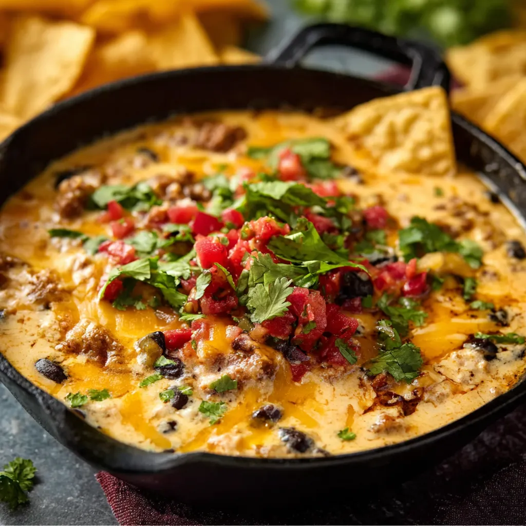 Creamy cowboy queso dip in a skillet, ready to eat. Delicious Southwestern cheese dip.