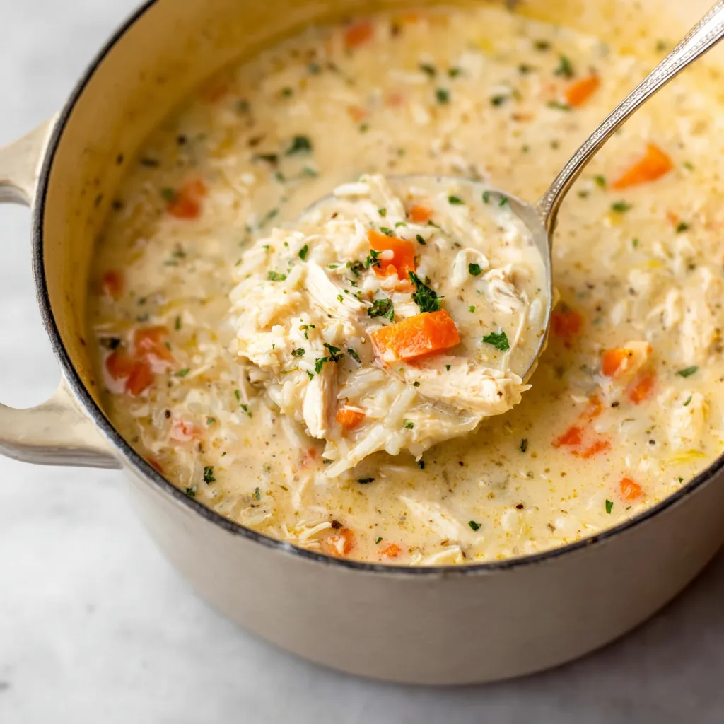 Creamy chicken and rice soup in a white bowl. Comfort food.