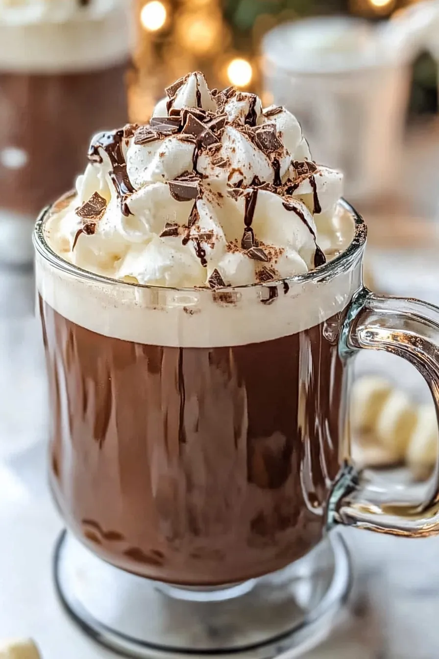 Steaming mug of homemade hot chocolate, topped with marshmallows.