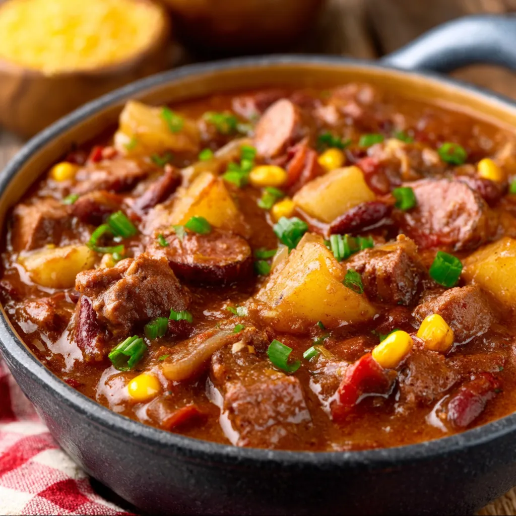 Cowboy stew close-up: hearty beef, beans, tomatoes, and vegetables.