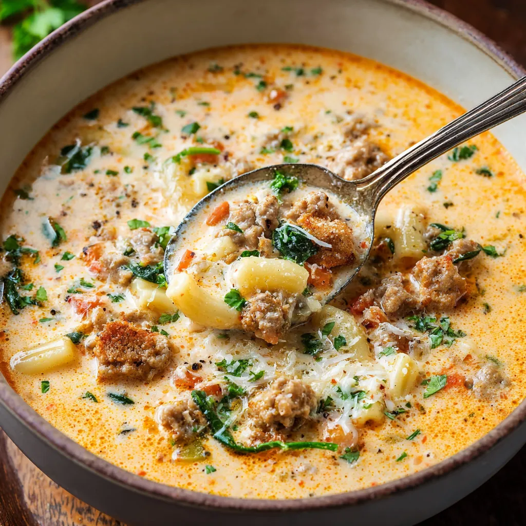 Creamy Parmesan Italian sausage soup in a bowl. Second image.
