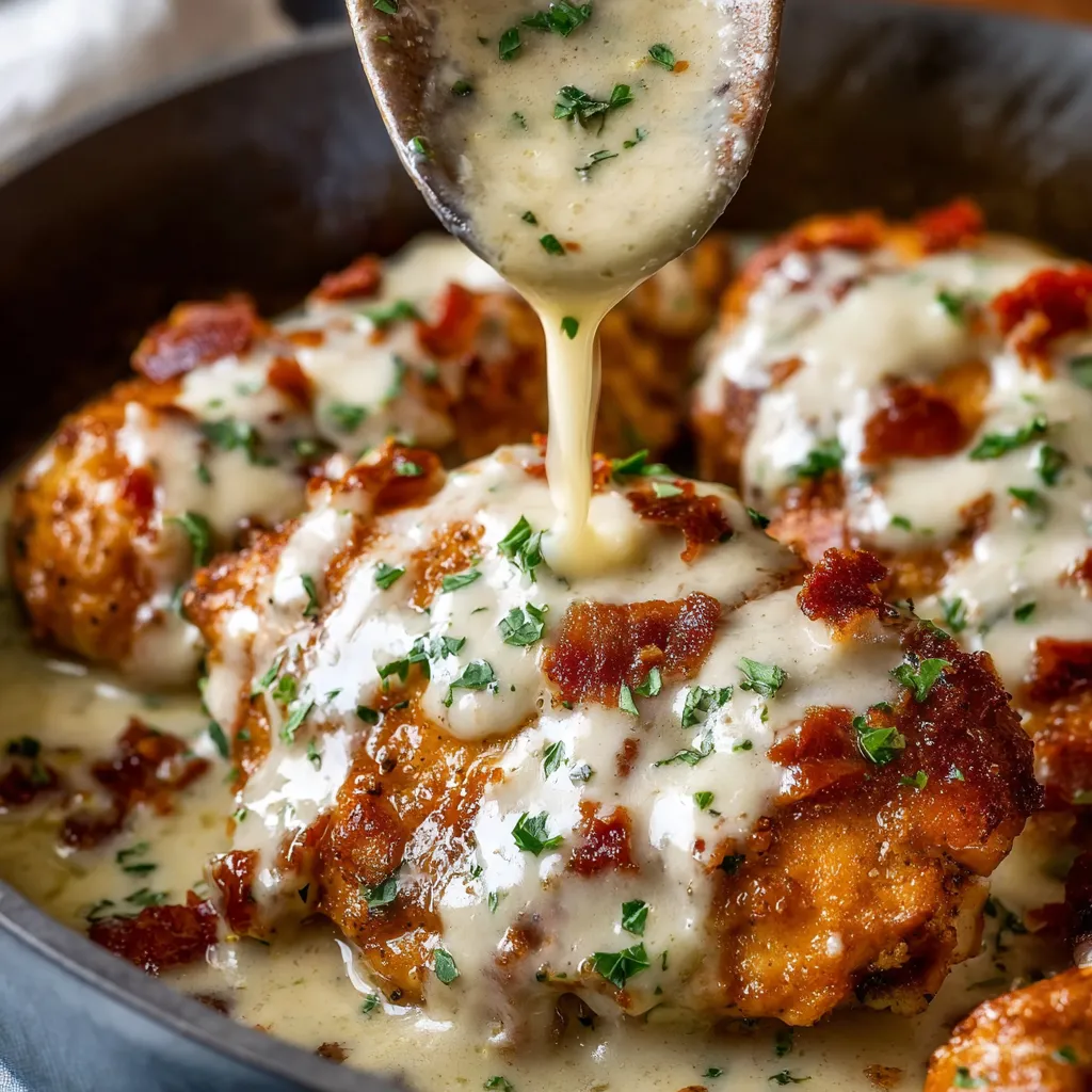 Creamy smothered chicken with gravy in skillet. Delicious comfort food recipe.