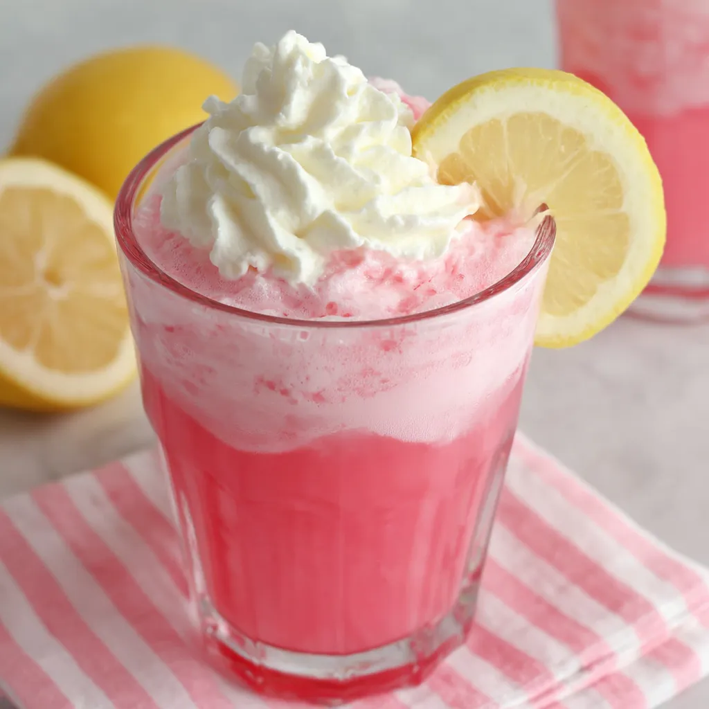 Whipped pink lemonade in glass. Frothy, refreshing summer drink.