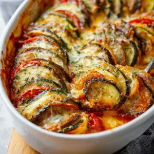 Baked ratatouille casserole with melted cheese. Cheesy vegetable heaven!