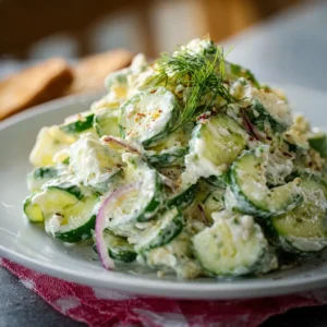 Creamy cucumber salad: sliced cucumbers in dill dressing.