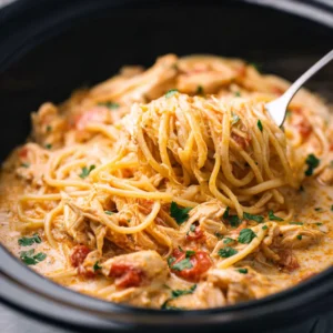 CrockPot chicken spaghetti, creamy comfort food ready to serve.
