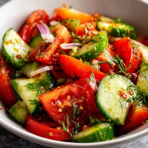 Cucumber tomato salad: Fresh summer side dish with red onion and herbs.