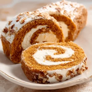 Pumpkin spice cake roll slice showing filling. Delicious fall dessert.