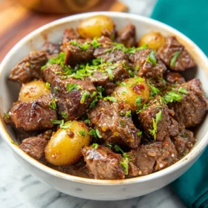 Slow Cooker Garlic Butter Beef Bites, ready to serve.