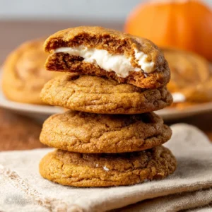 Pumpkin cheesecake cookies on a plate. Fall dessert recipe.