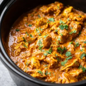 Slow cooker butter chicken. Easy dump and forget dinner recipe, ready to serve.