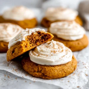 Soft pumpkin cookies with cream cheese frosting, ready to eat.