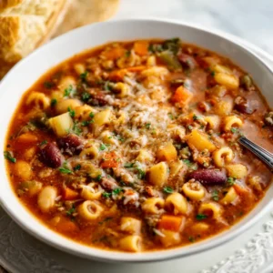 Close-up of Olive Garden Pasta e Fagioli soup, a cozy copycat recipe.
