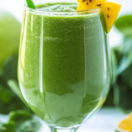 Green spinach smoothie in a glass. Healthy and delicious recipe.