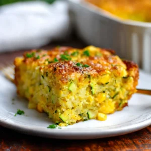 Zucchini cornbread casserole, golden brown and bubbly, fresh from the oven.