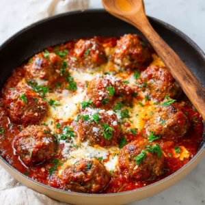 Close-up of juicy ricotta meatballs in tomato sauce.