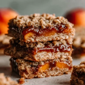 Easy peach bars: A close up of golden, baked summer peach bars.