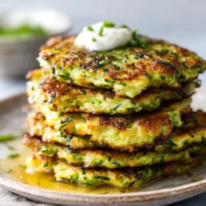 Crispy zucchini fritters recipe featured image. Golden-brown, fried zucchini cakes.