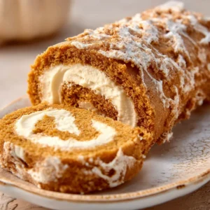 Pumpkin spice cake roll. Swirls of cream cheese filling visible.