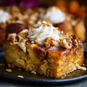 Easy pumpkin bread pudding with a creamy custard sauce.