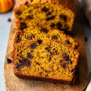 Pumpkin chocolate chip bread loaf, ready to eat.