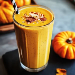 Pumpkin smoothie in a glass. Creamy, healthy fall recipe.