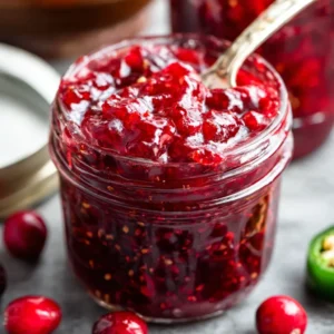 Cranberry Jalapeño Jam in a jar. Sweet and spicy holiday appetizer.