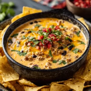 Cowboy Queso Dip: Creamy cheese dip with ground beef, pico de gallo, and cilantro.