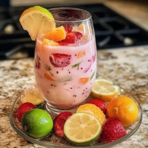 Refreshing Michoacan fruit water. Agua fresca with colorful chopped fruit.