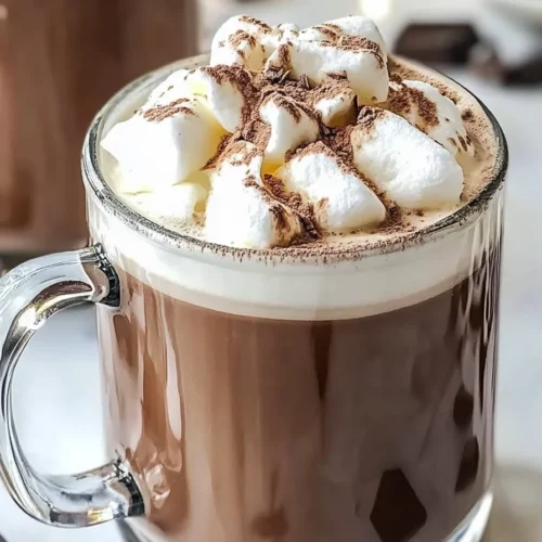 Creamy homemade hot chocolate in a white mug. Delicious winter drink.