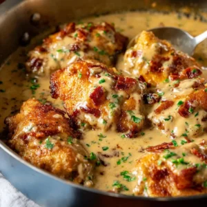 Creamy smothered chicken skillet. Delicious comfort food recipe.