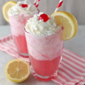 Whipped pink lemonade in a glass with lemon slice garnish. Refreshing summer drink.