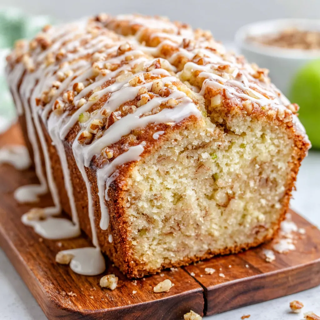 Close-up of homemade Amish apple fritter bread, golden crust, sprinkled with cinnamon sugar.