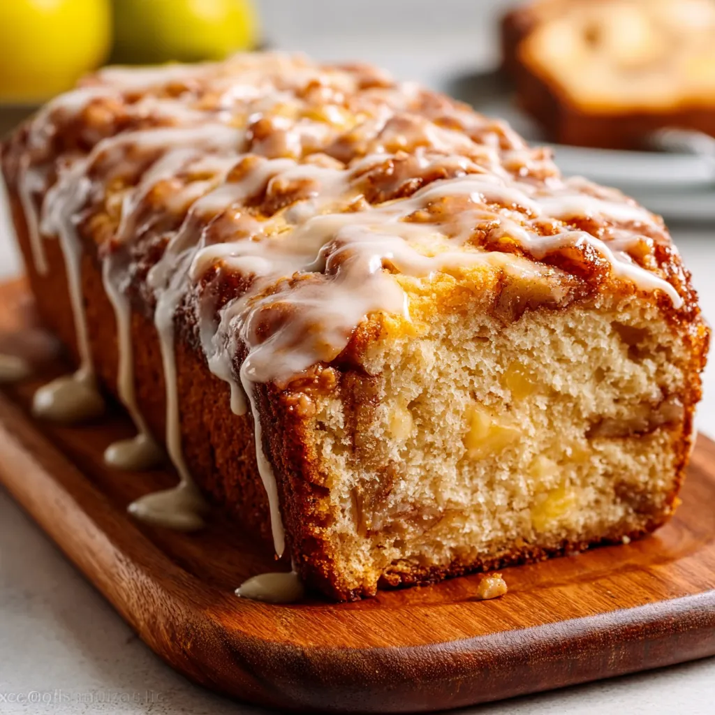 Close-up of baked Amish apple fritter bread; sweet glaze dripping.