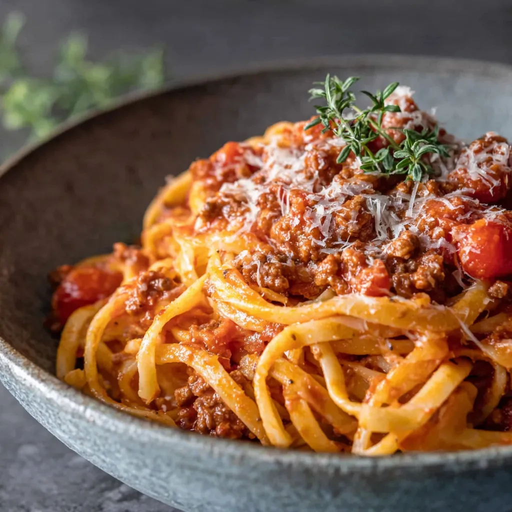 Classic Italian Pasta Bolognese: Rich meat sauce over tagliatelle noodles.