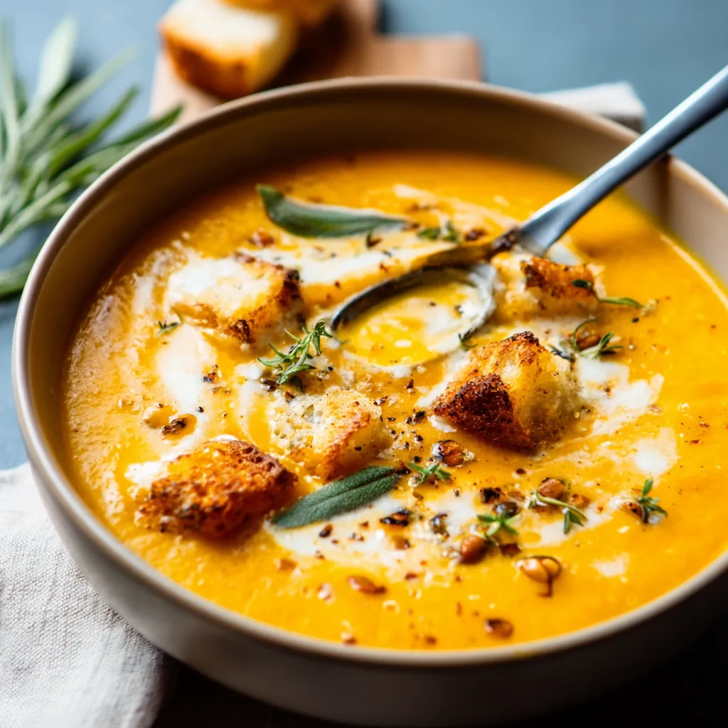 Roasted butternut squash soup in bowl. Creamy autumn soup recipe.